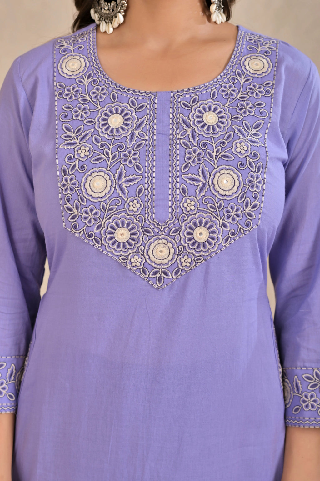 Women’s Embroidered Kurta Pant Dupatta Set with Floral Yoke