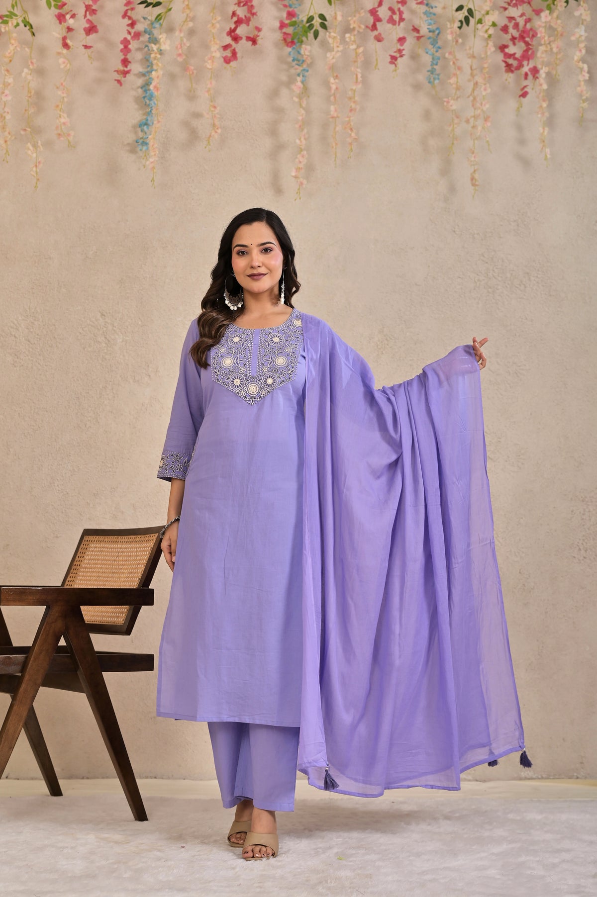Women’s Embroidered Kurta Pant Dupatta Set with Floral Yoke