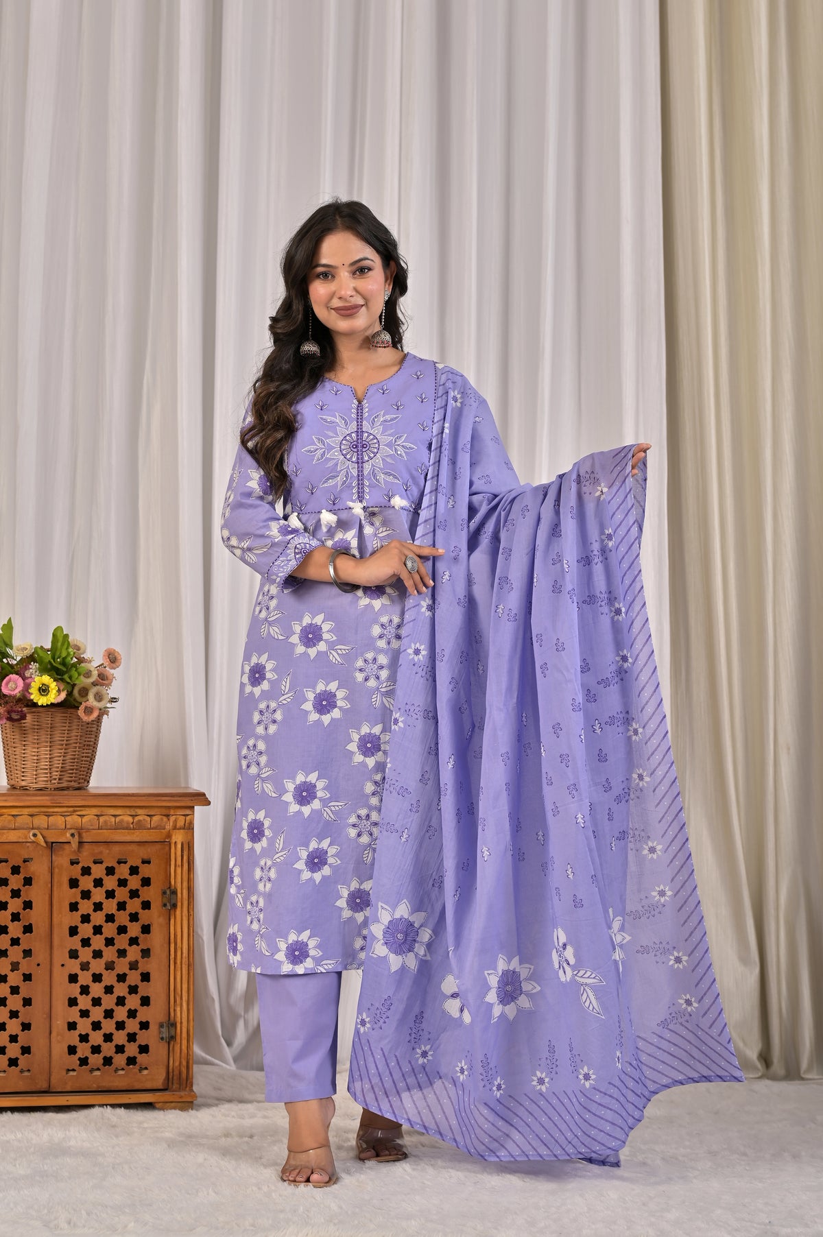 Women’s Floral Printed Kurta Pant Dupatta Set with Embroidered Yoke