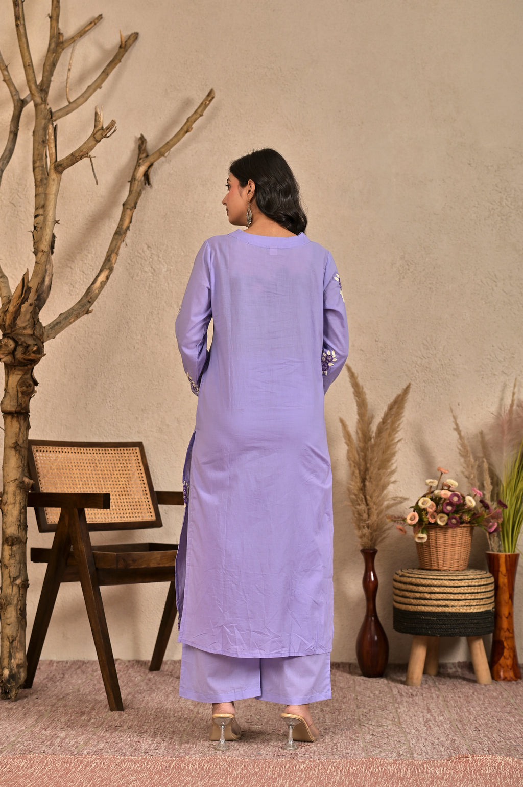 Women’s Embroidered Kurta Set with V-Neckline & Tassel Detailing