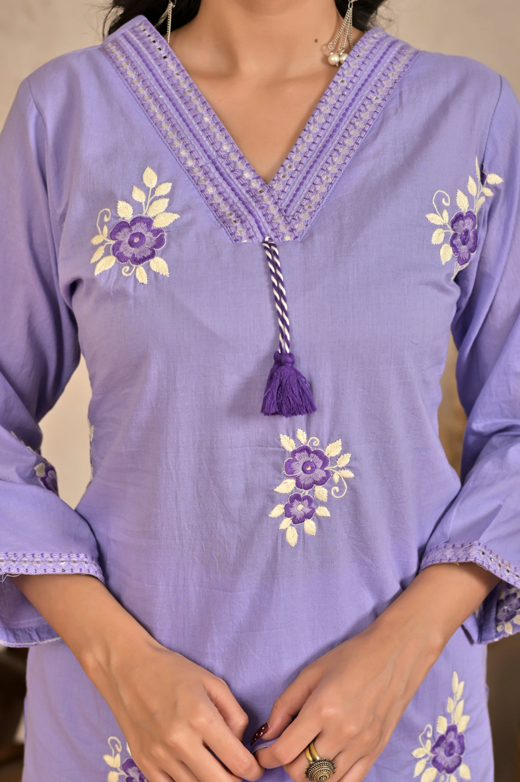 Women’s Embroidered Kurta Set with V-Neckline & Tassel Detailing