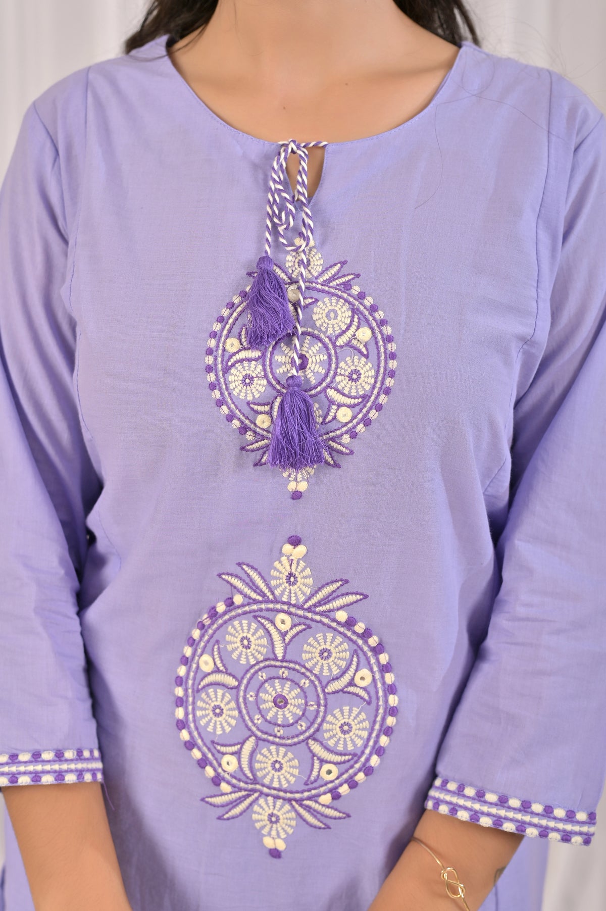 Embroidered Co-ord Set with Tassel Yoke & 3/4 Sleeves