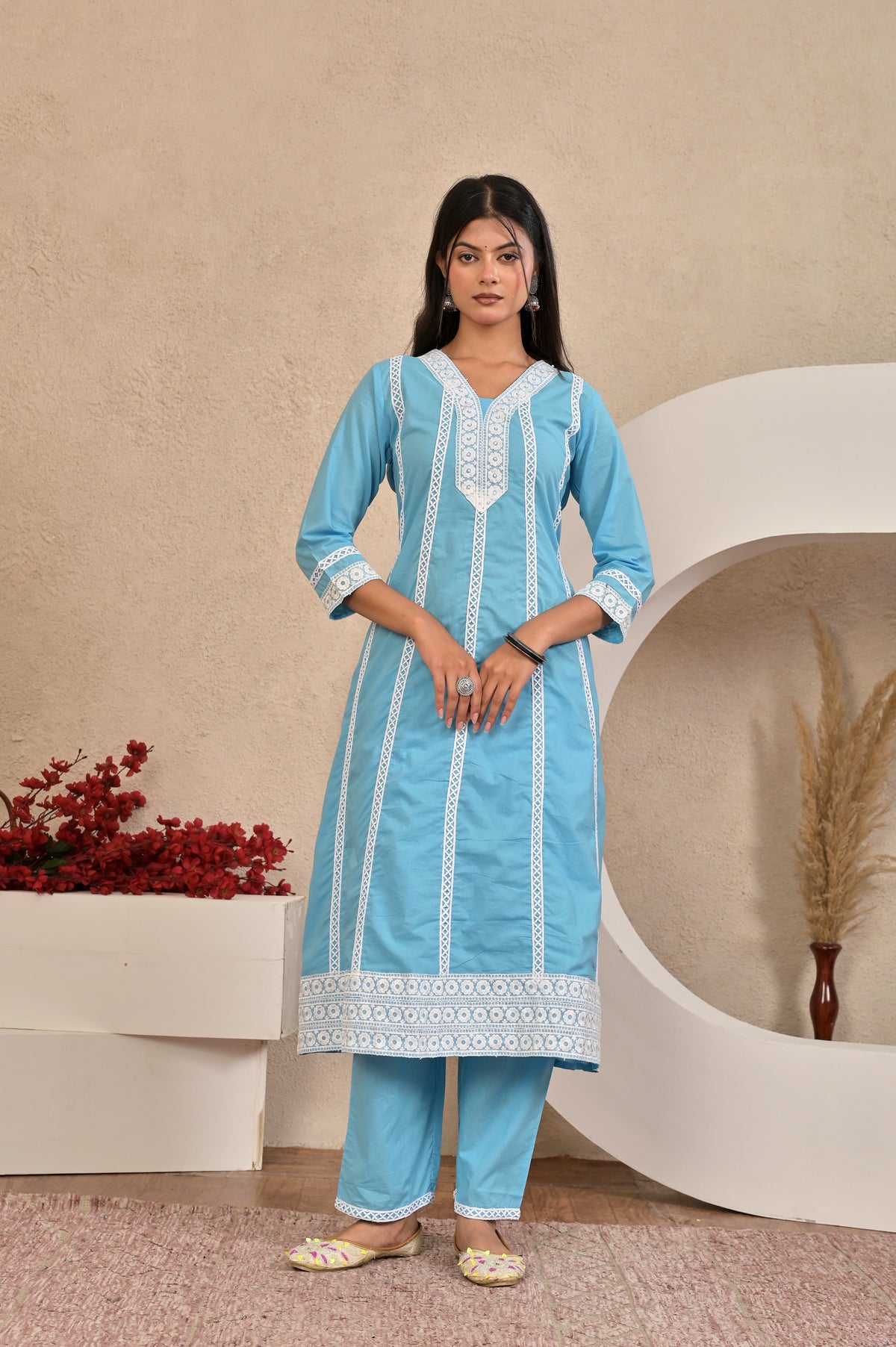 Women’s A-Line Kurta Pant Dupatta Set with Lace Work & Embroidery