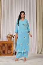 Women’s Embroidered Kurta Set with V-Neckline & Tassel Detailing