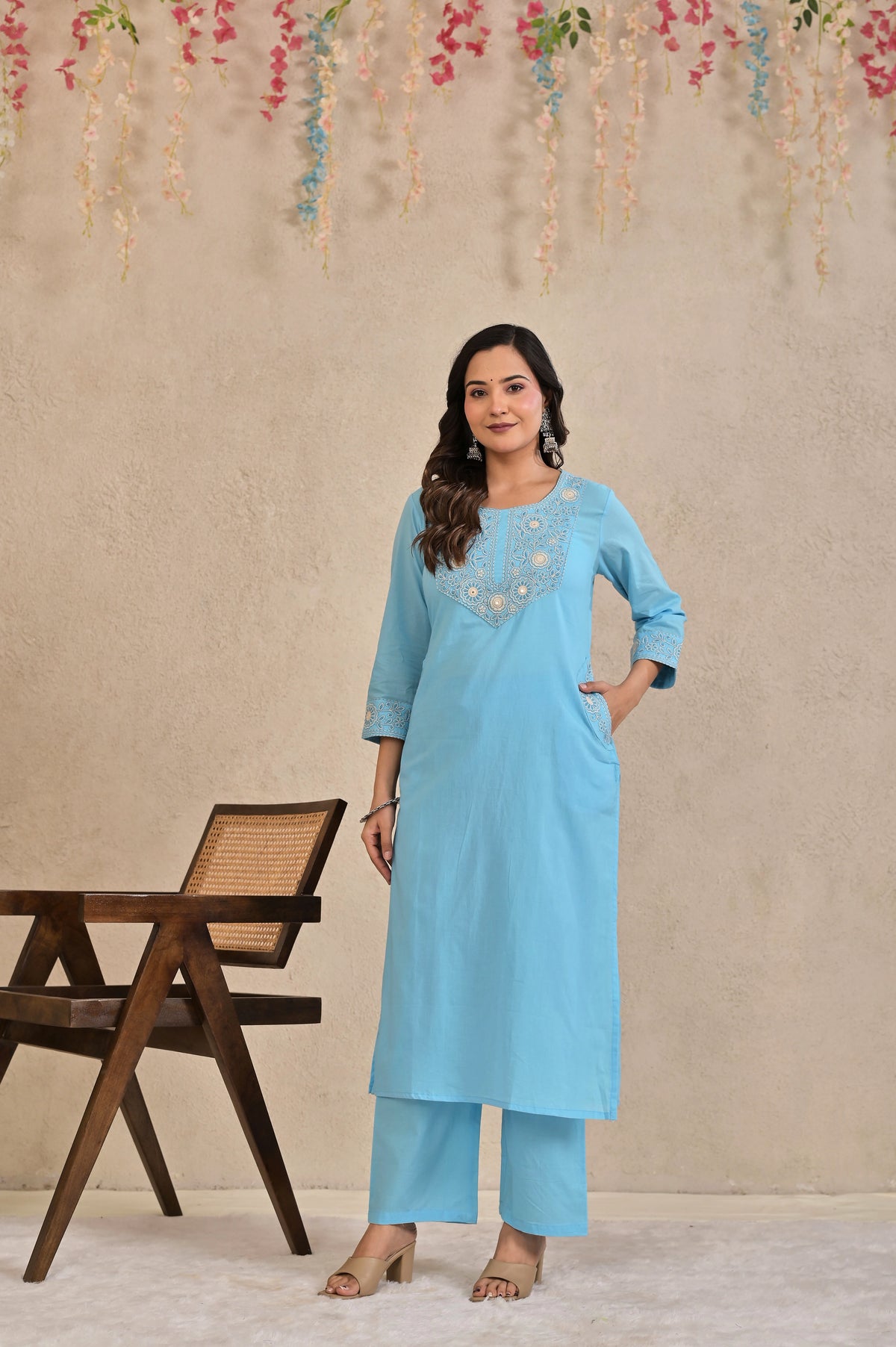 Women’s Embroidered Kurta Pant Dupatta Set with Floral Yoke