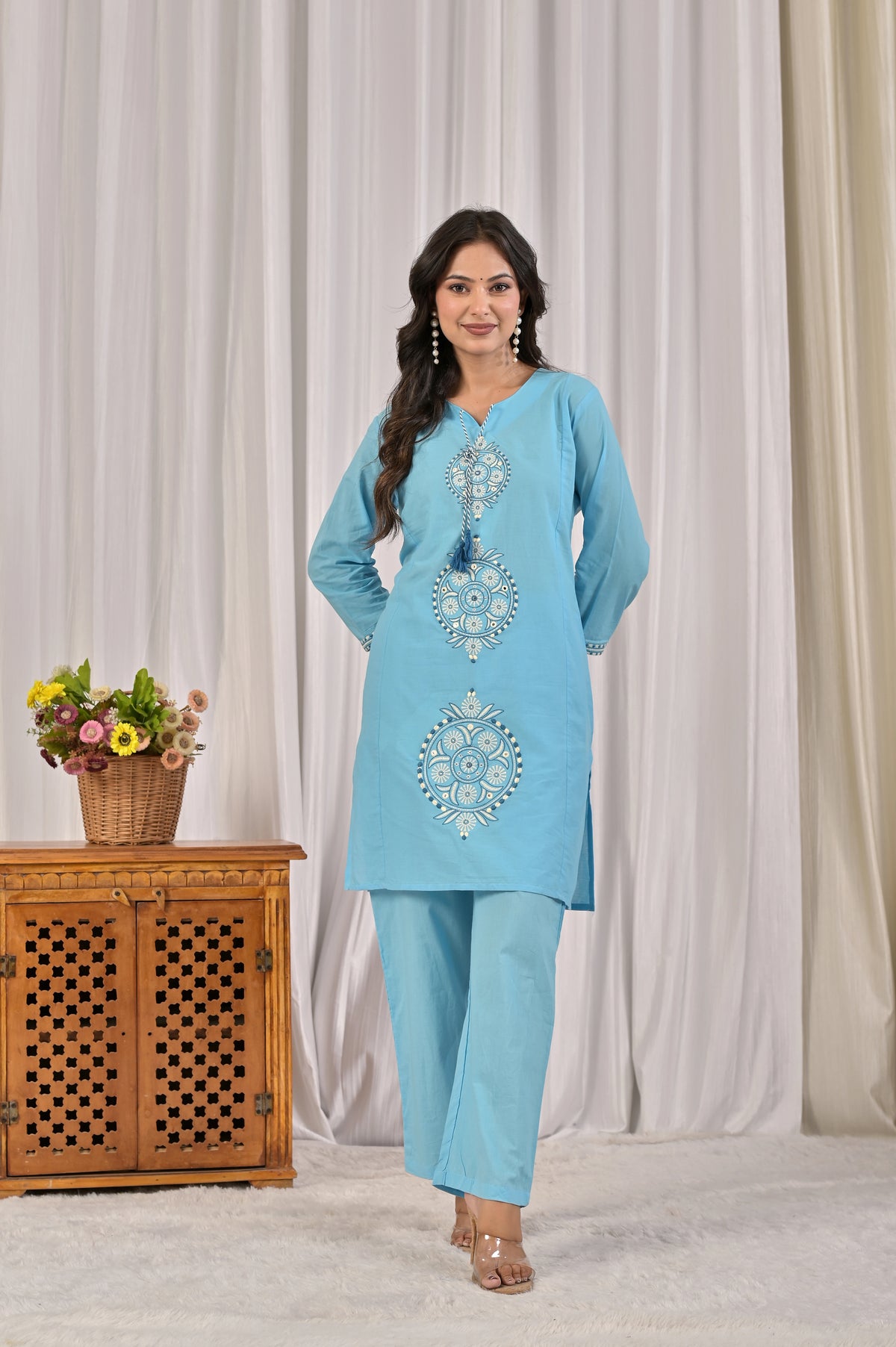 Embroidered Co-ord Set with Tassel Yoke & 3/4 Sleeves