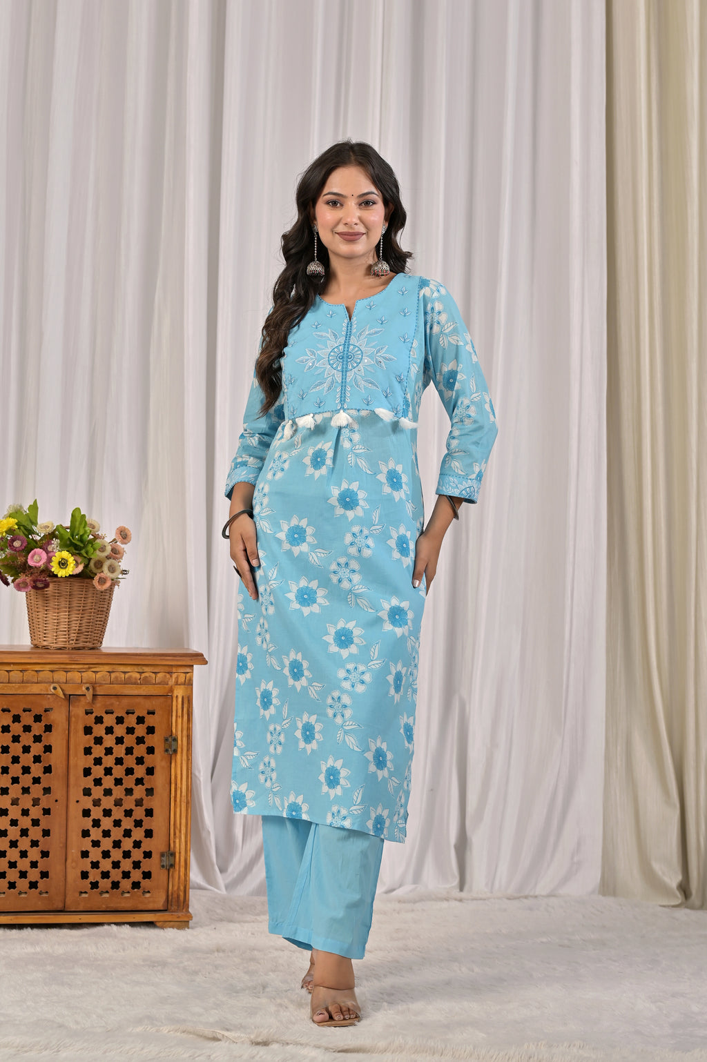 Women’s Floral Printed Kurta Pant Dupatta Set with Embroidered Yoke