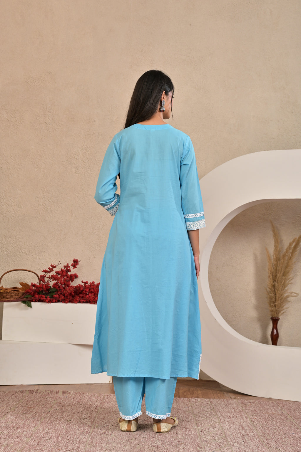 Women’s A-Line Kurta Pant Dupatta Set with Lace Work & Embroidery