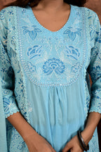 Women’s A-Line Printed Kurta Set with Heavy Embroidered Center Panel