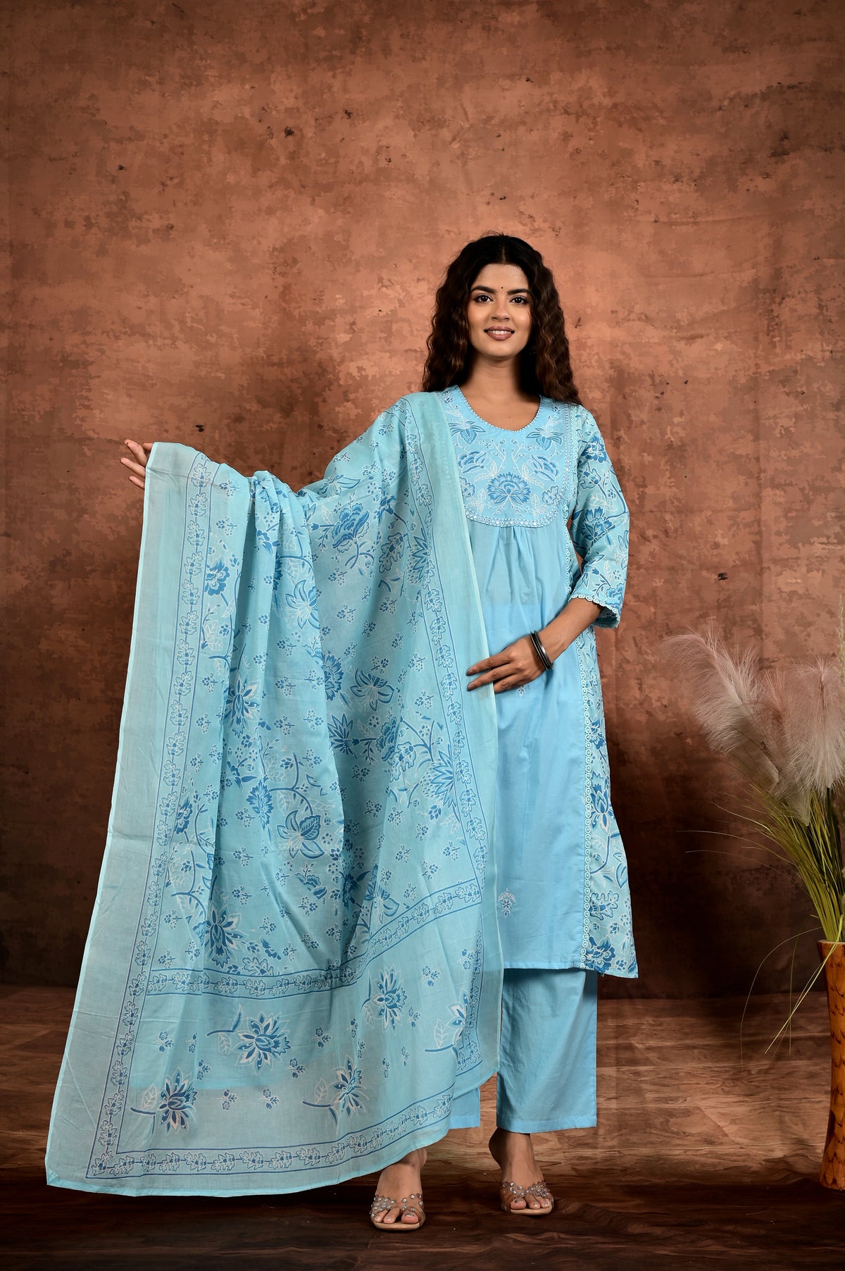 Women’s A-Line Printed Kurta Set with Heavy Embroidered Center Panel