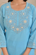 Women’s Embroidered Kurta Pant Dupatta Set with Floral Yoke