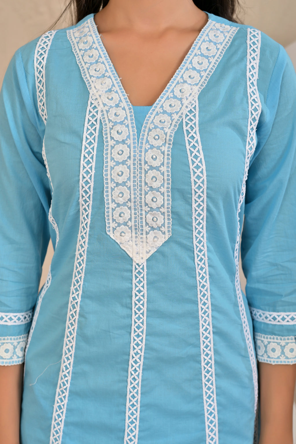 Women’s A-Line Kurta Pant Dupatta Set with Lace Work & Embroidery