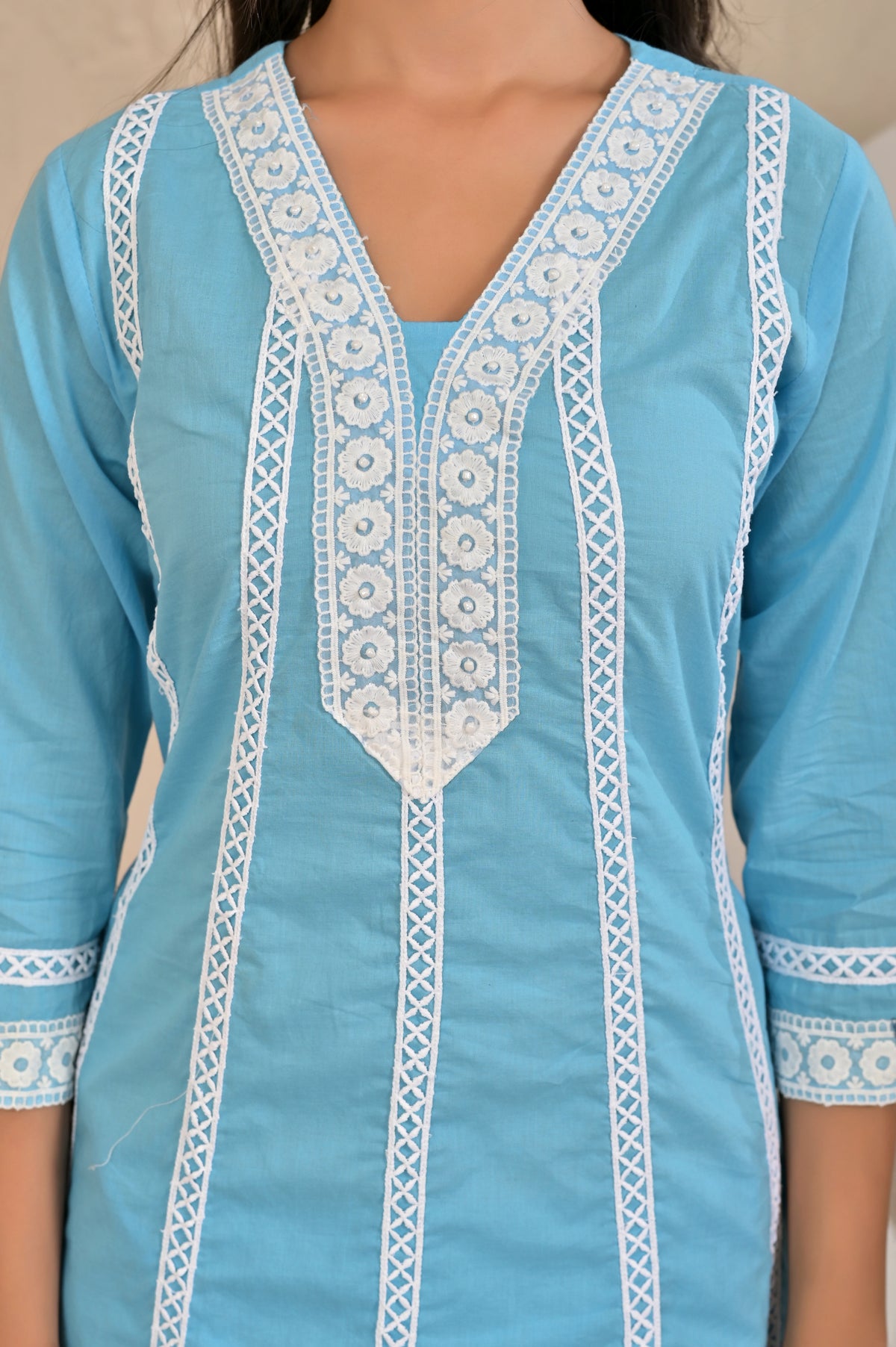 Women’s A-Line Kurta Pant Dupatta Set with Lace Work & Embroidery