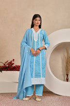 Women’s A-Line Kurta Pant Dupatta Set with Lace Work & Embroidery