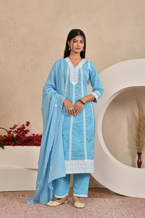 Women’s A-Line Kurta Pant Dupatta Set with Lace Work & Embroidery