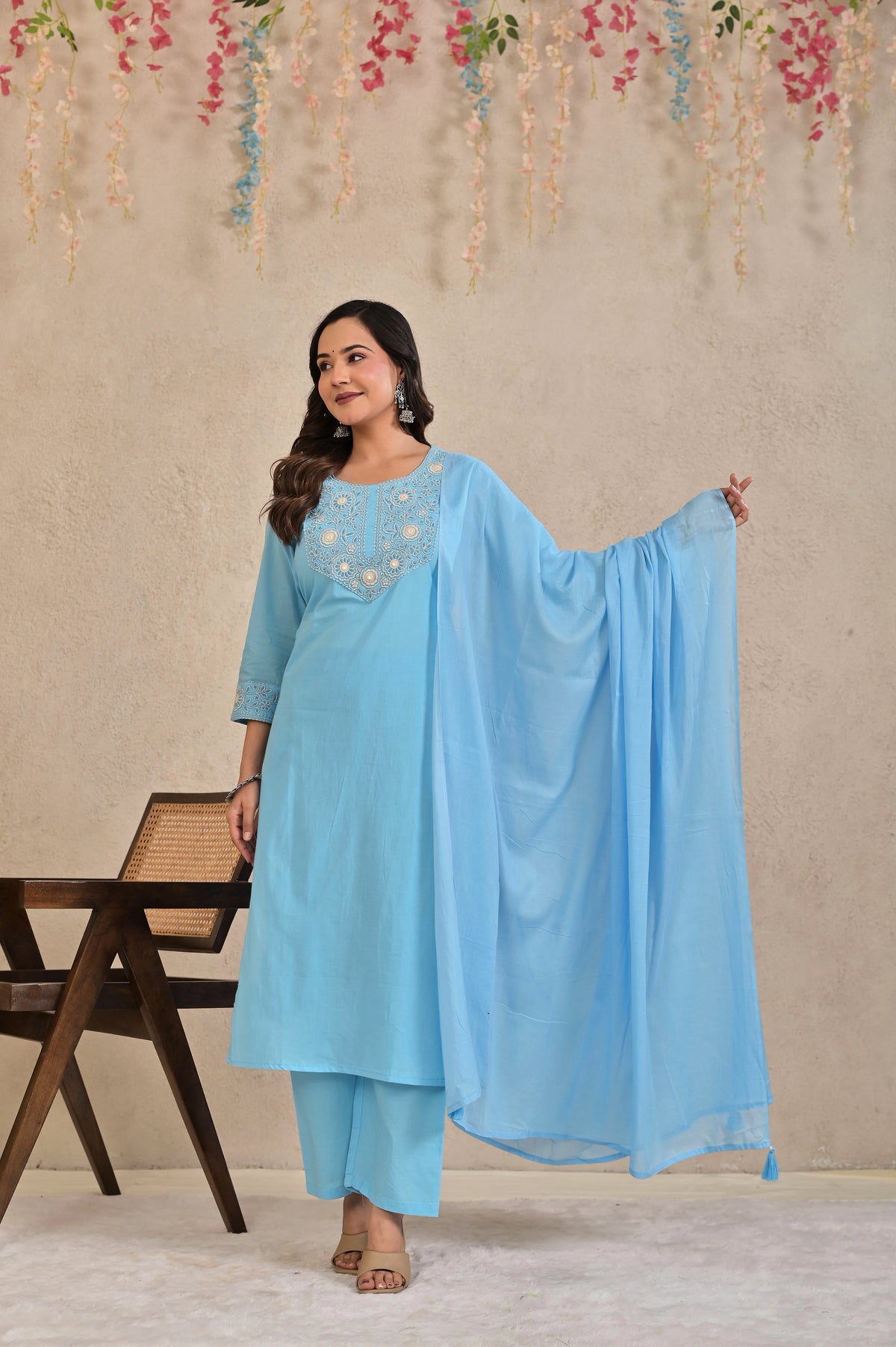 Women’s Embroidered Kurta Pant Dupatta Set with Floral Yoke