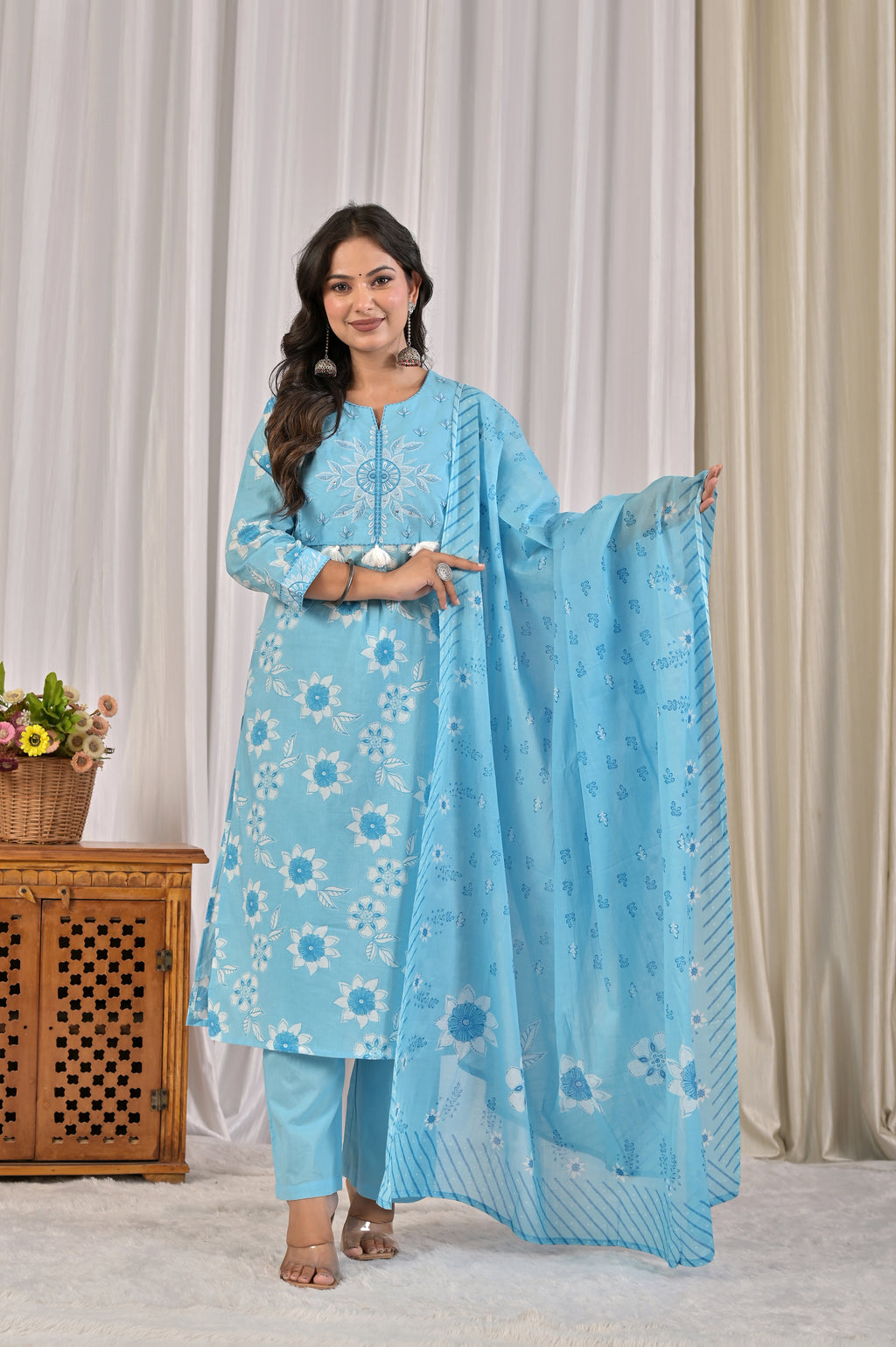 Women’s Floral Printed Kurta Pant Dupatta Set with Embroidered Yoke