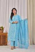 Women’s Floral Printed Kurta Pant Dupatta Set with Embroidered Yoke