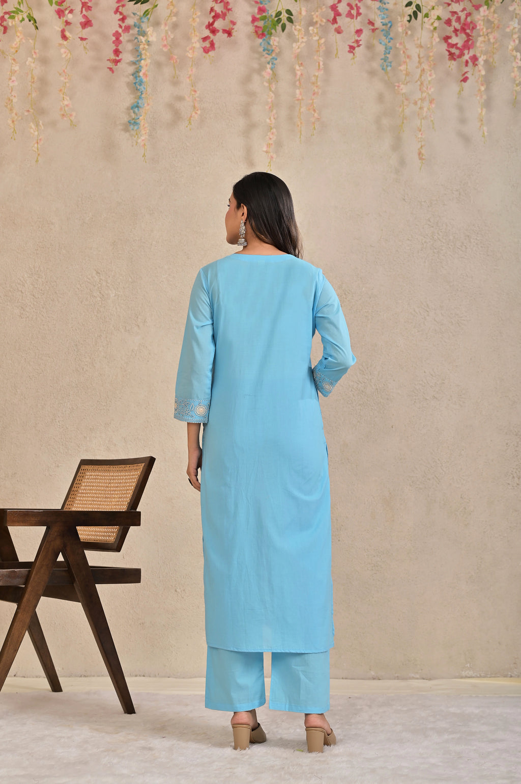 Women’s Embroidered Kurta Pant Dupatta Set with Floral Yoke