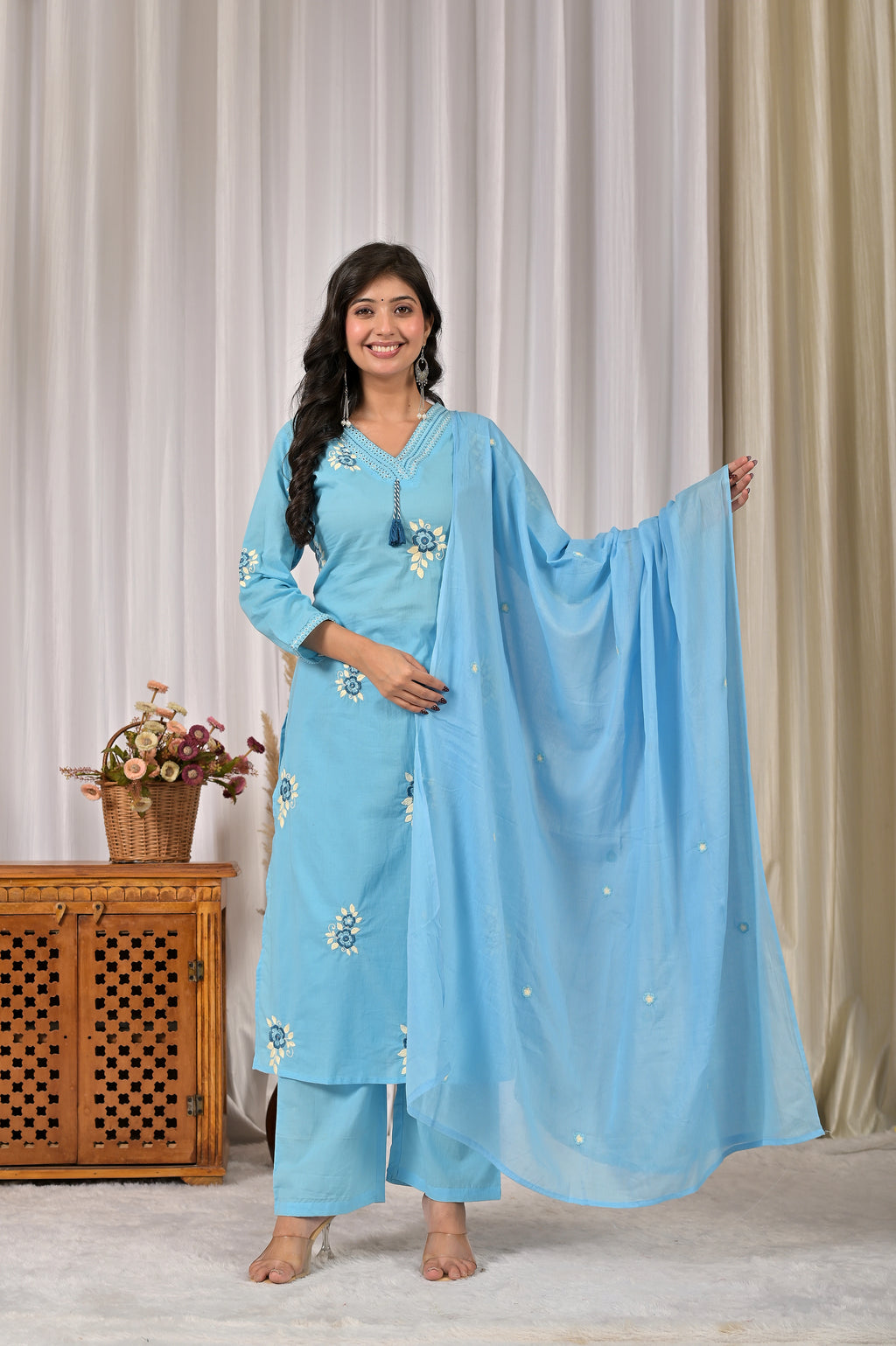 Women’s Embroidered Kurta Set with V-Neckline & Tassel Detailing