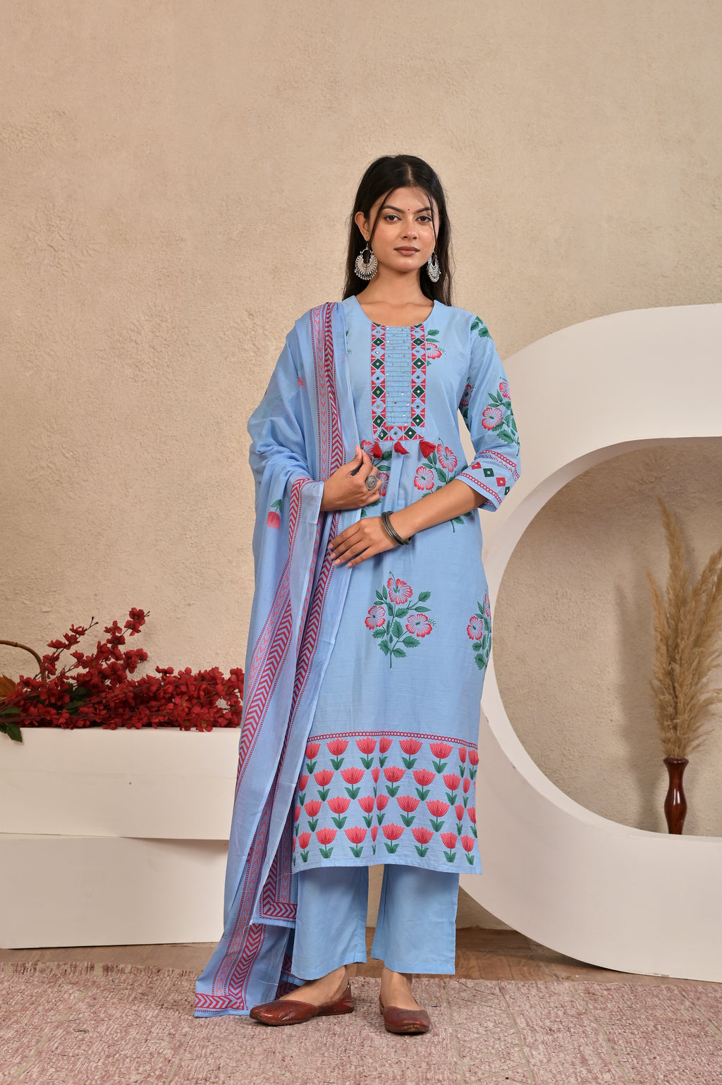 Women’s Panel Printed Kurta Set with Pin Tucks, Handwork & Tassels