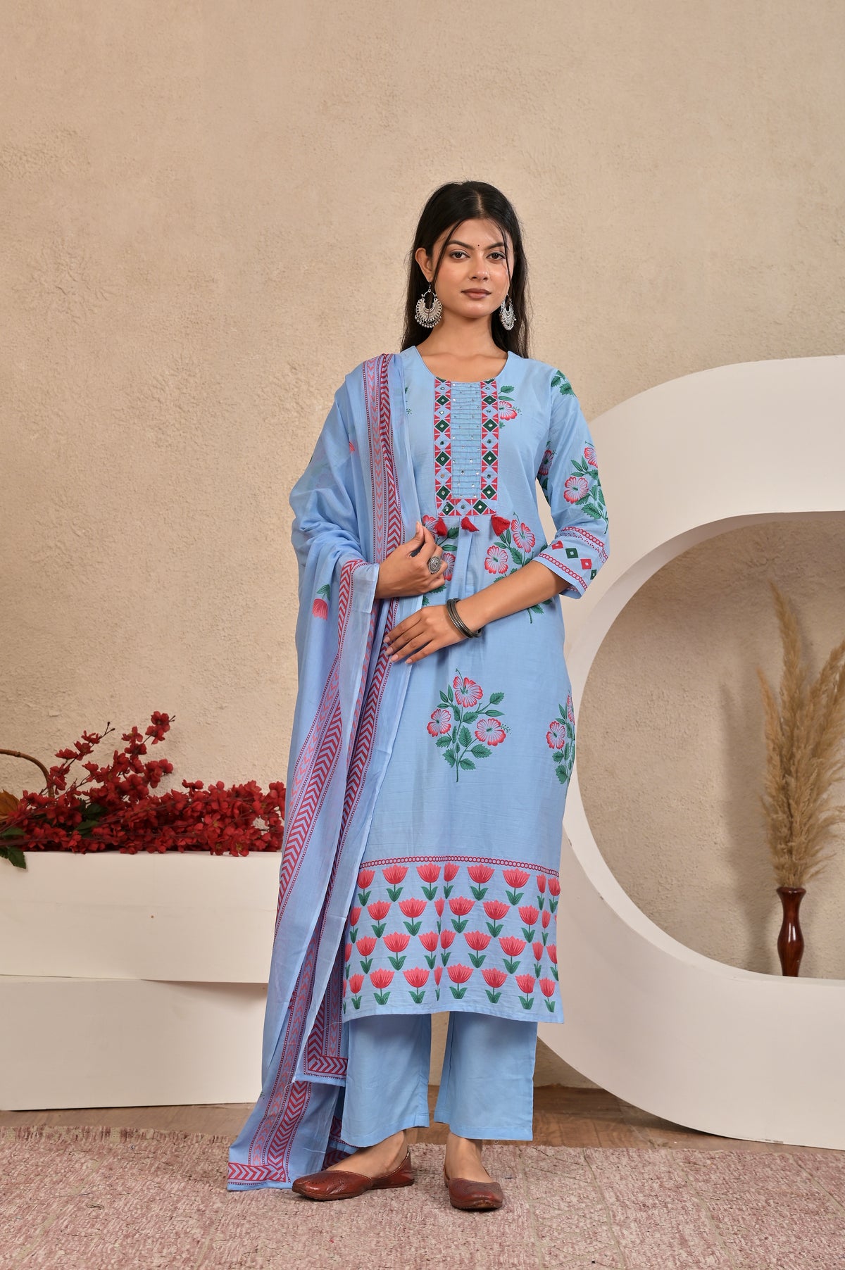 Women’s Panel Printed Kurta Set with Pin Tucks, Handwork & Tassels