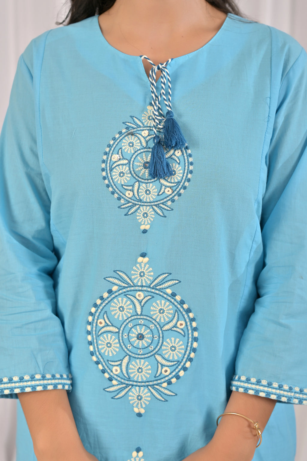 Embroidered Co-ord Set with Tassel Yoke & 3/4 Sleeves