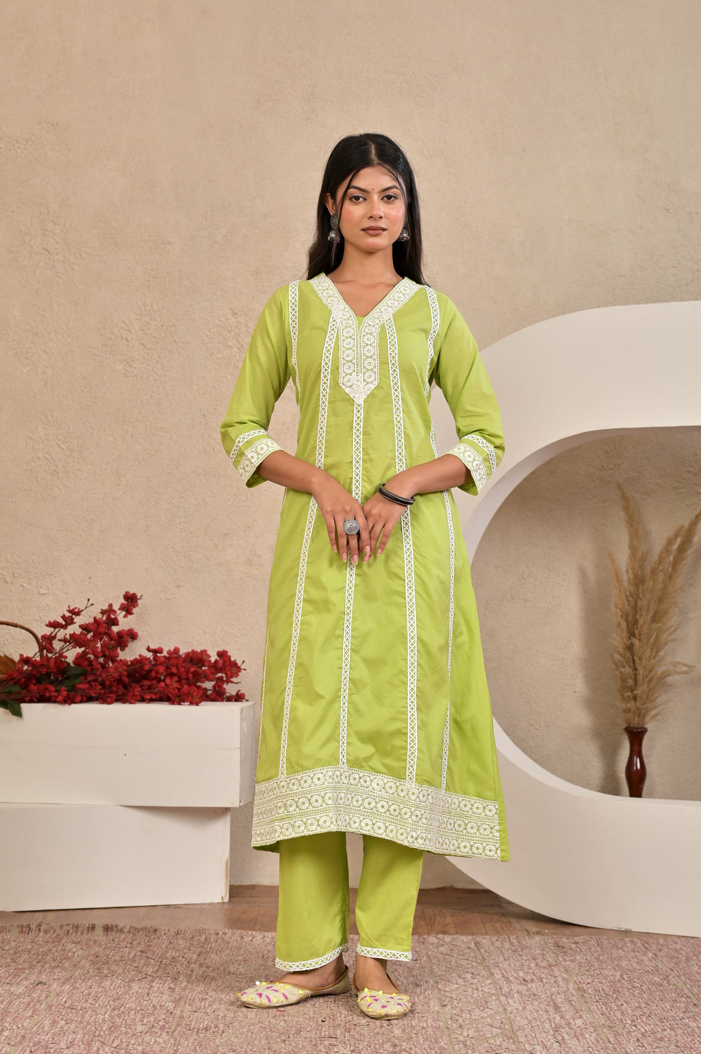 Women’s A-Line Kurta Pant Dupatta Set with Lace Work & Embroidery