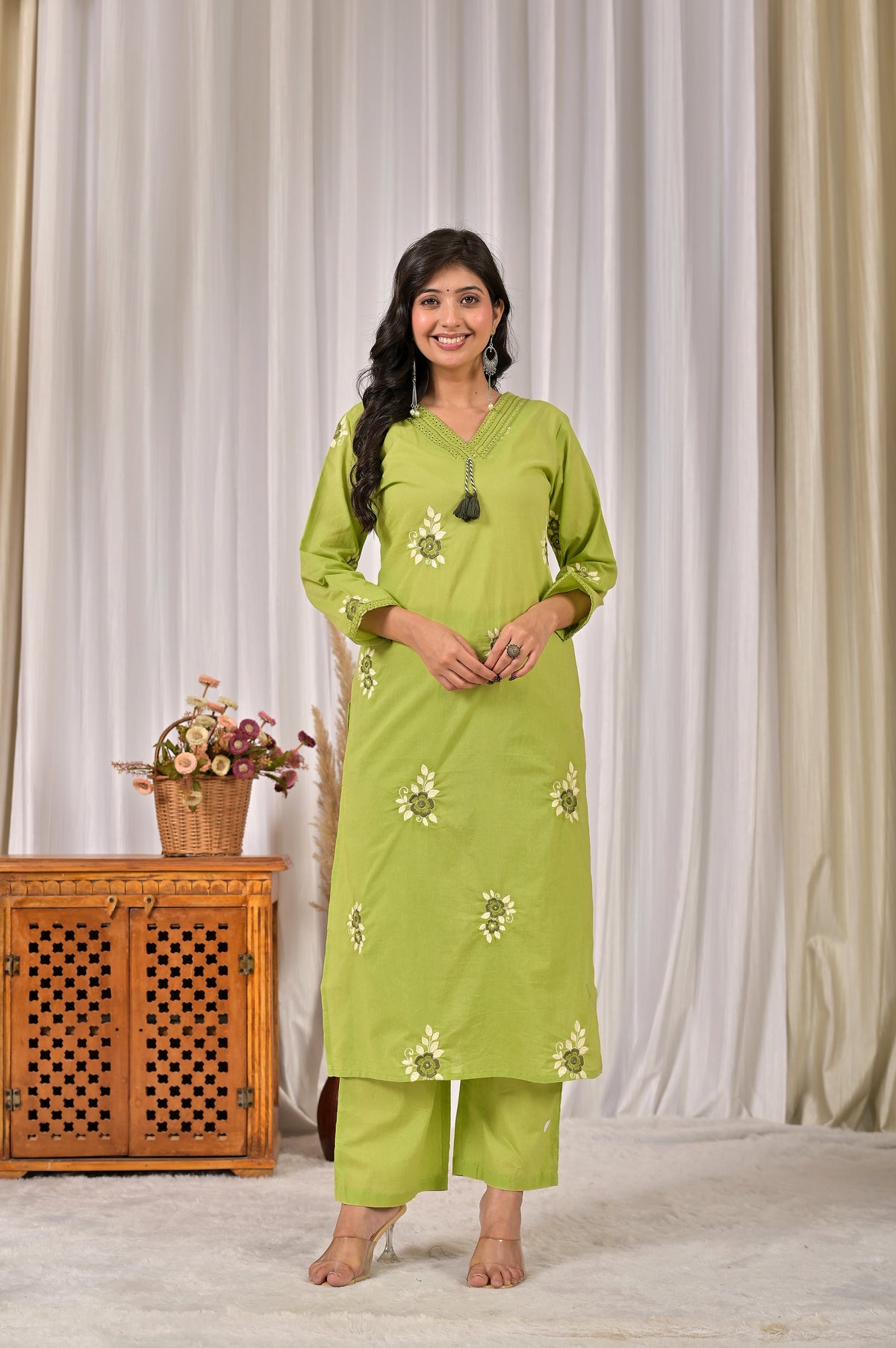 Women’s Embroidered Kurta Set with V-Neckline & Tassel Detailing