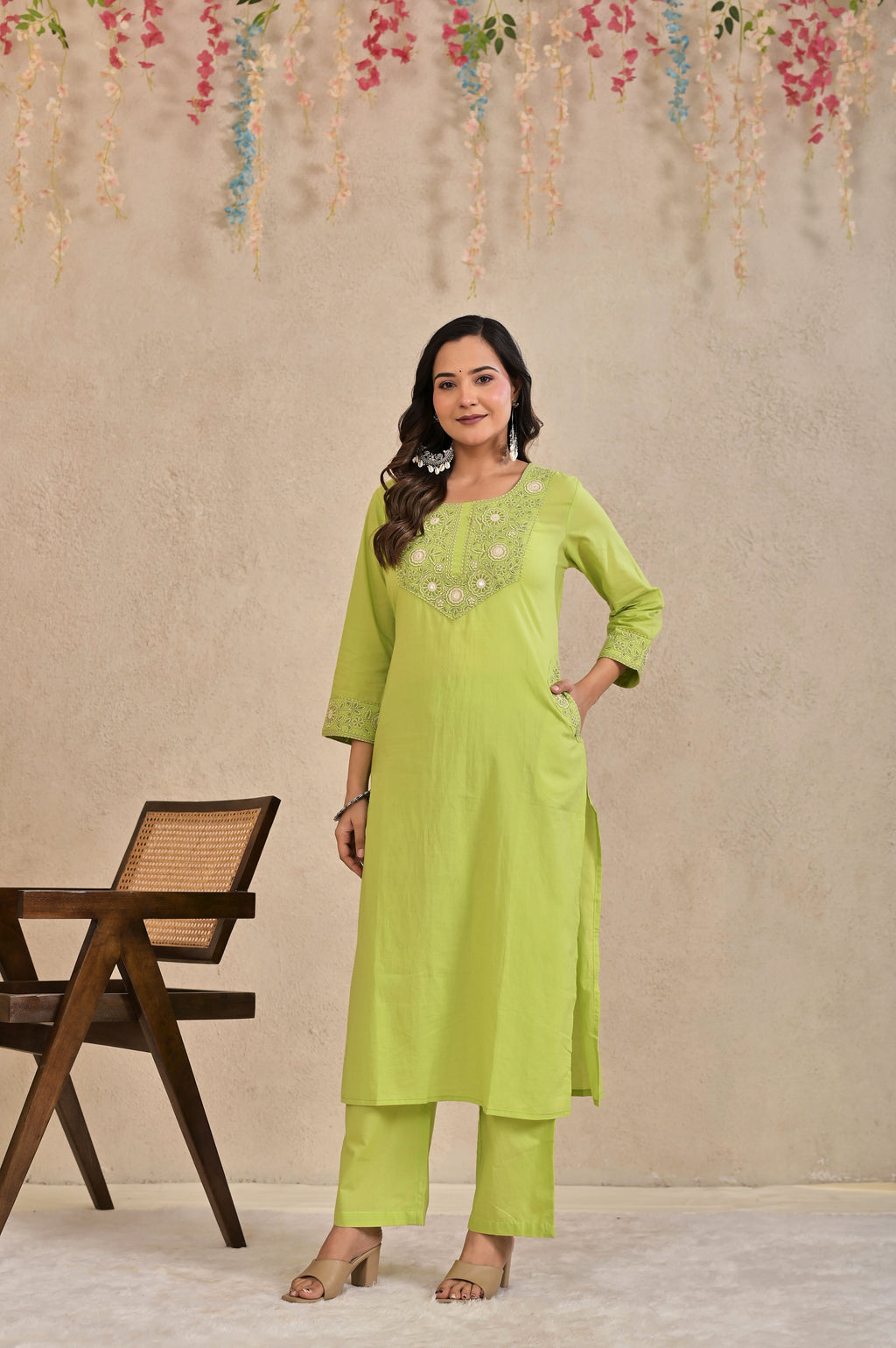 Women’s Embroidered Kurta Pant Dupatta Set with Floral Yoke