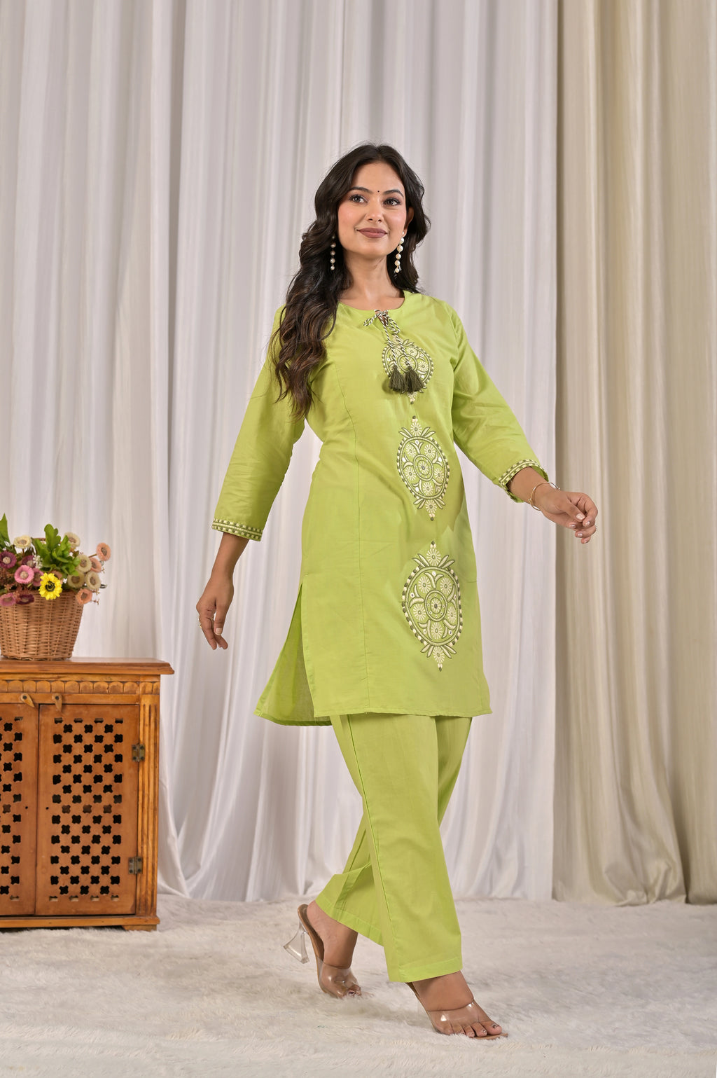 Embroidered Co-ord Set with Tassel Yoke & 3/4 Sleeves