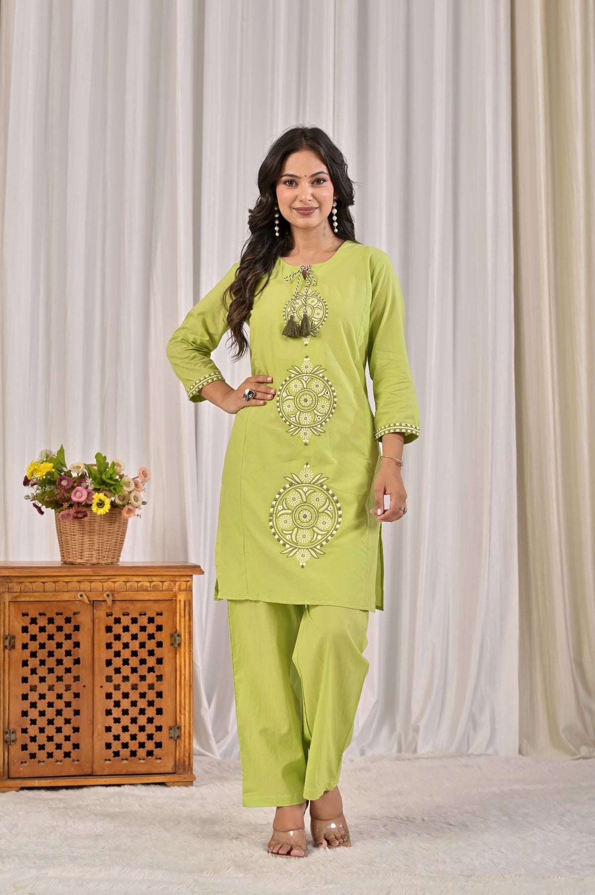 Embroidered Co-ord Set with Tassel Yoke & 3/4 Sleeves