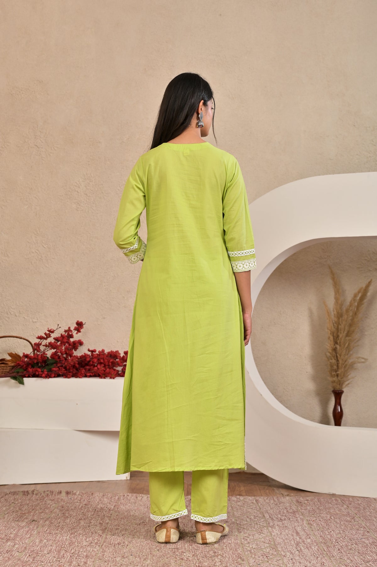 Women’s A-Line Kurta Pant Dupatta Set with Lace Work & Embroidery