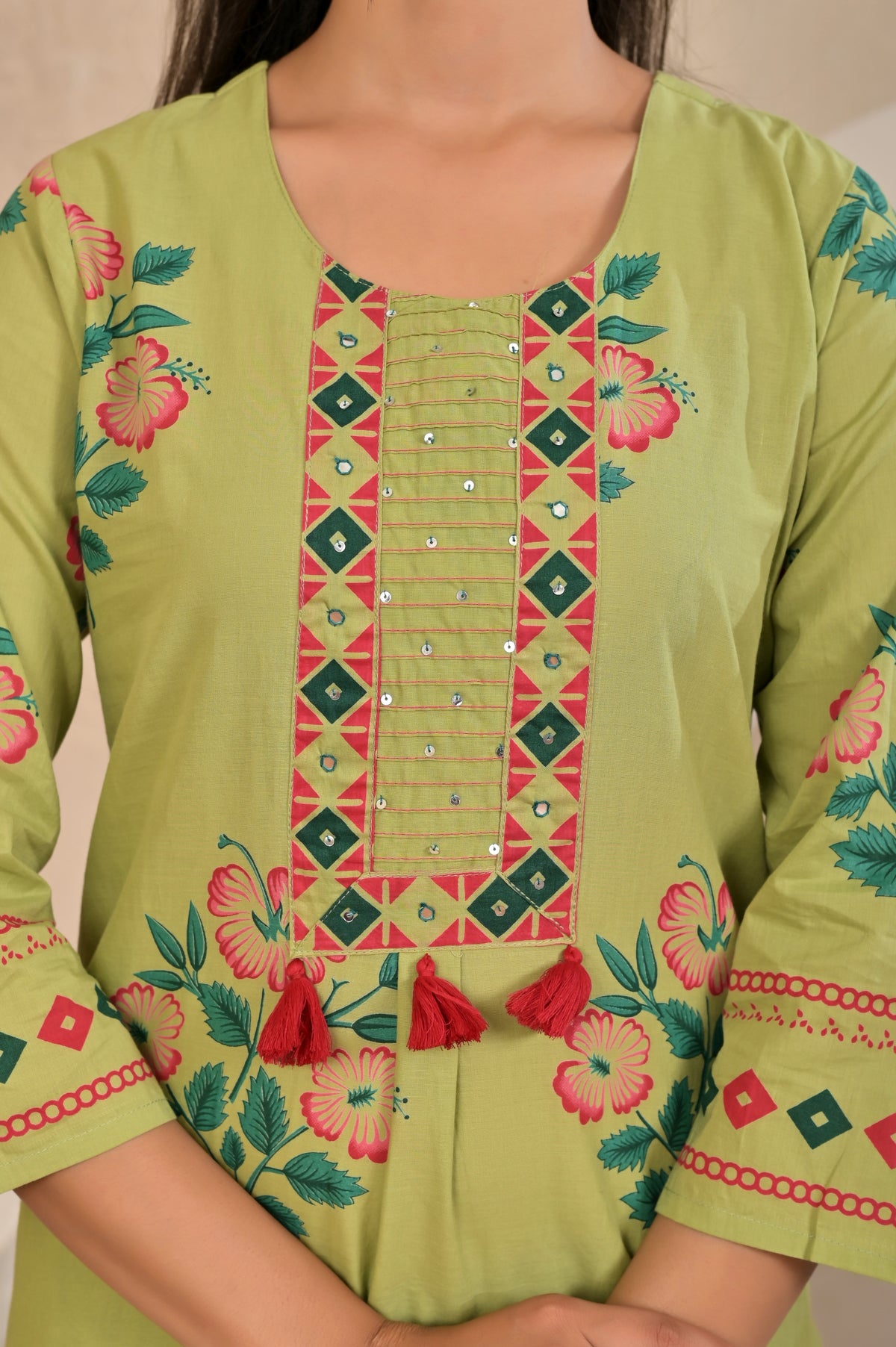 Women’s Panel Printed Kurta Set with Pin Tucks, Handwork & Tassels