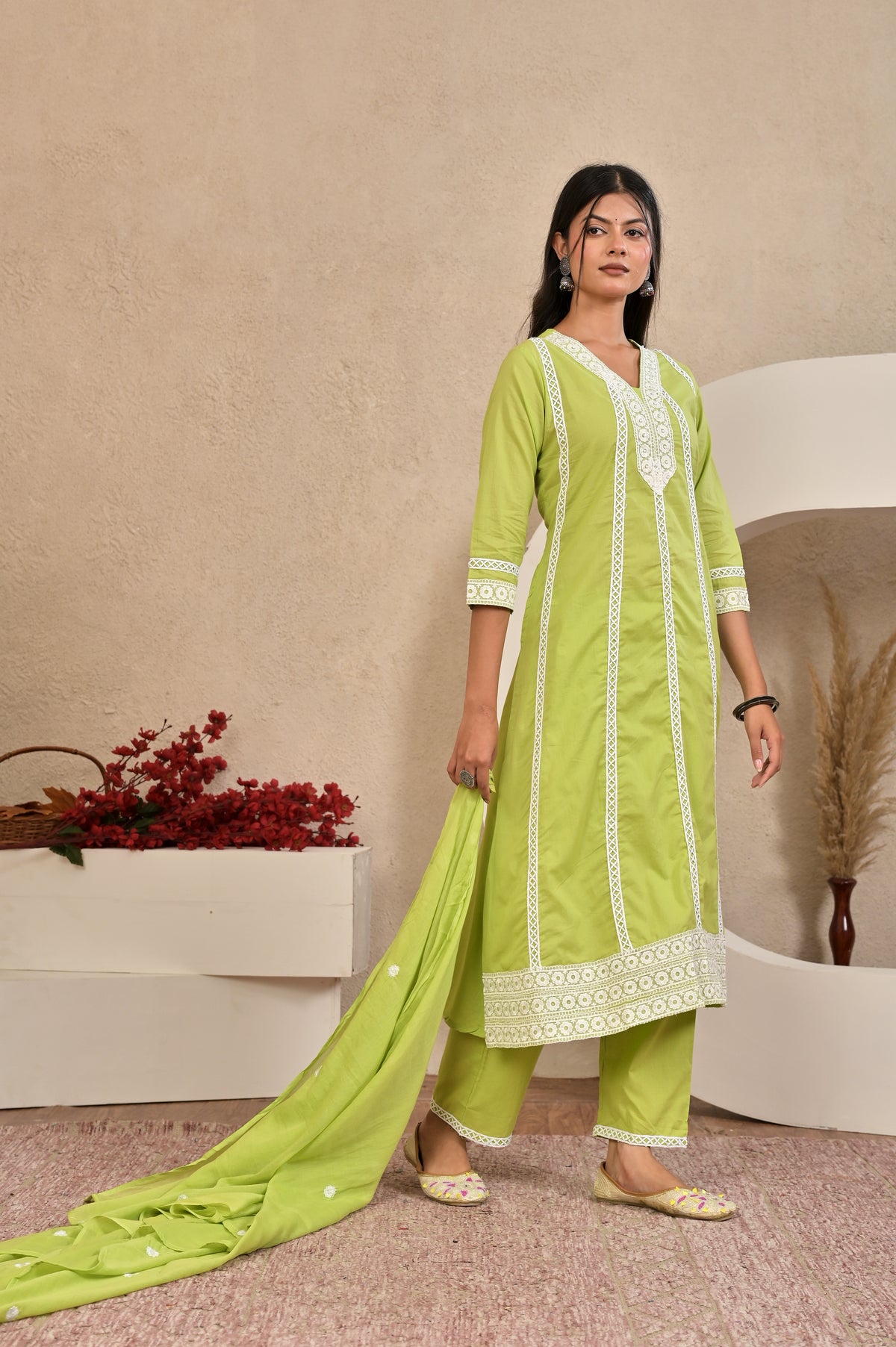 Women’s A-Line Kurta Pant Dupatta Set with Lace Work & Embroidery