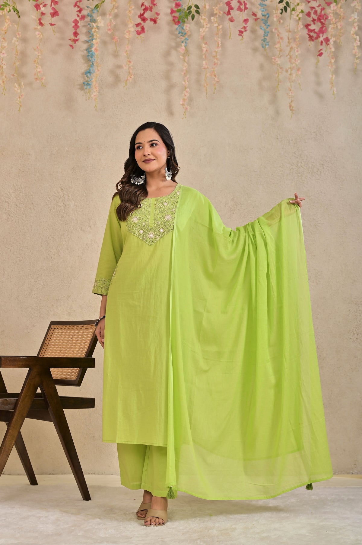 Women’s Embroidered Kurta Pant Dupatta Set with Floral Yoke