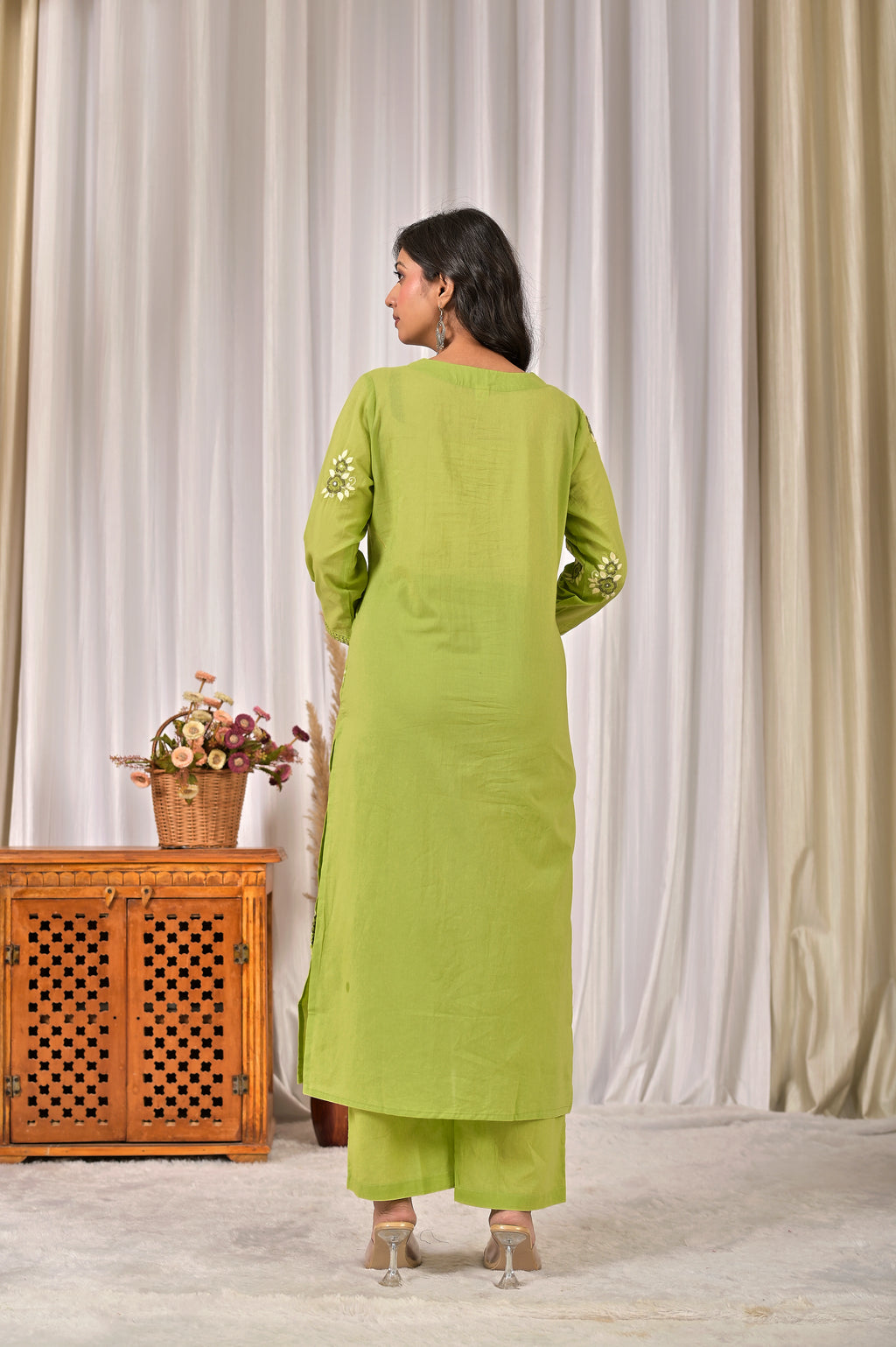 Women’s Embroidered Kurta Set with V-Neckline & Tassel Detailing