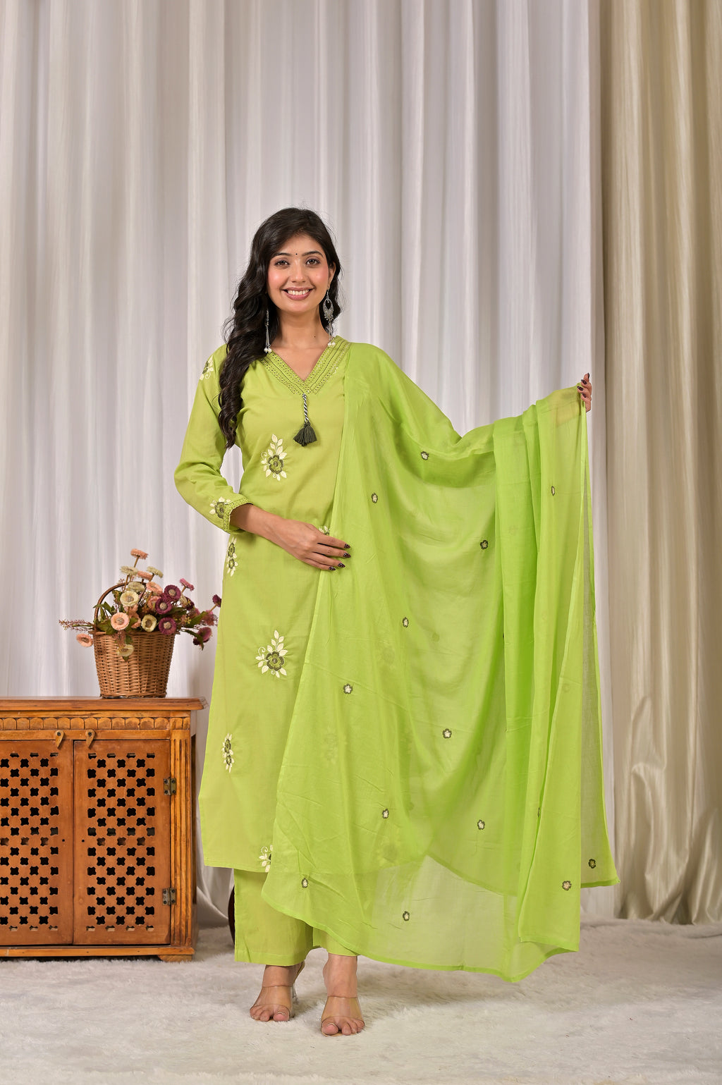 Women’s Embroidered Kurta Set with V-Neckline & Tassel Detailing