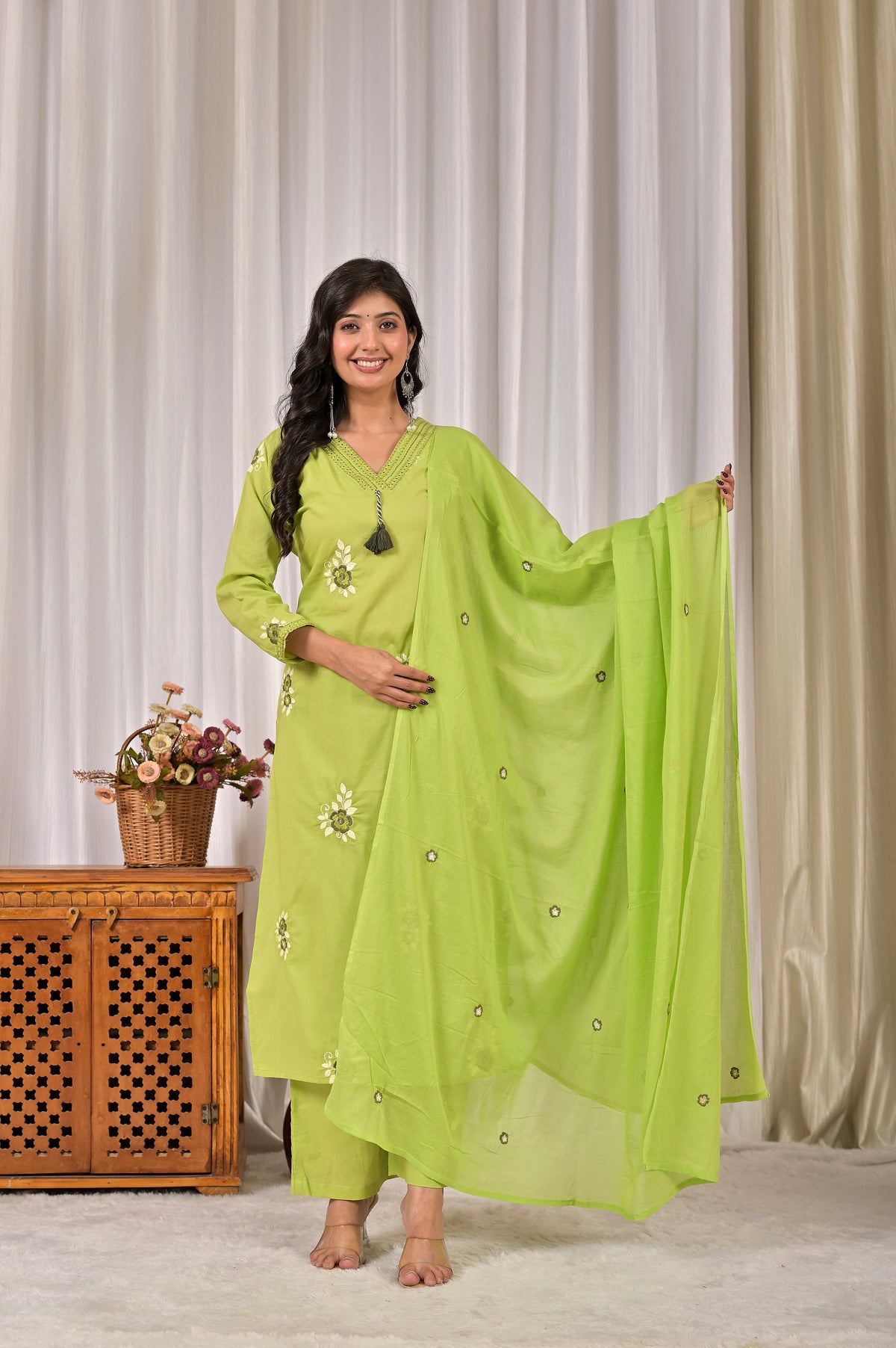 Women’s Embroidered Kurta Set with V-Neckline & Tassel Detailing