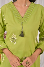 Women’s Embroidered Kurta Set with V-Neckline & Tassel Detailing
