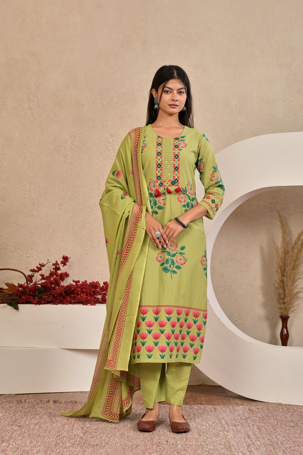 Women’s Panel Printed Kurta Set with Pin Tucks, Handwork & Tassels