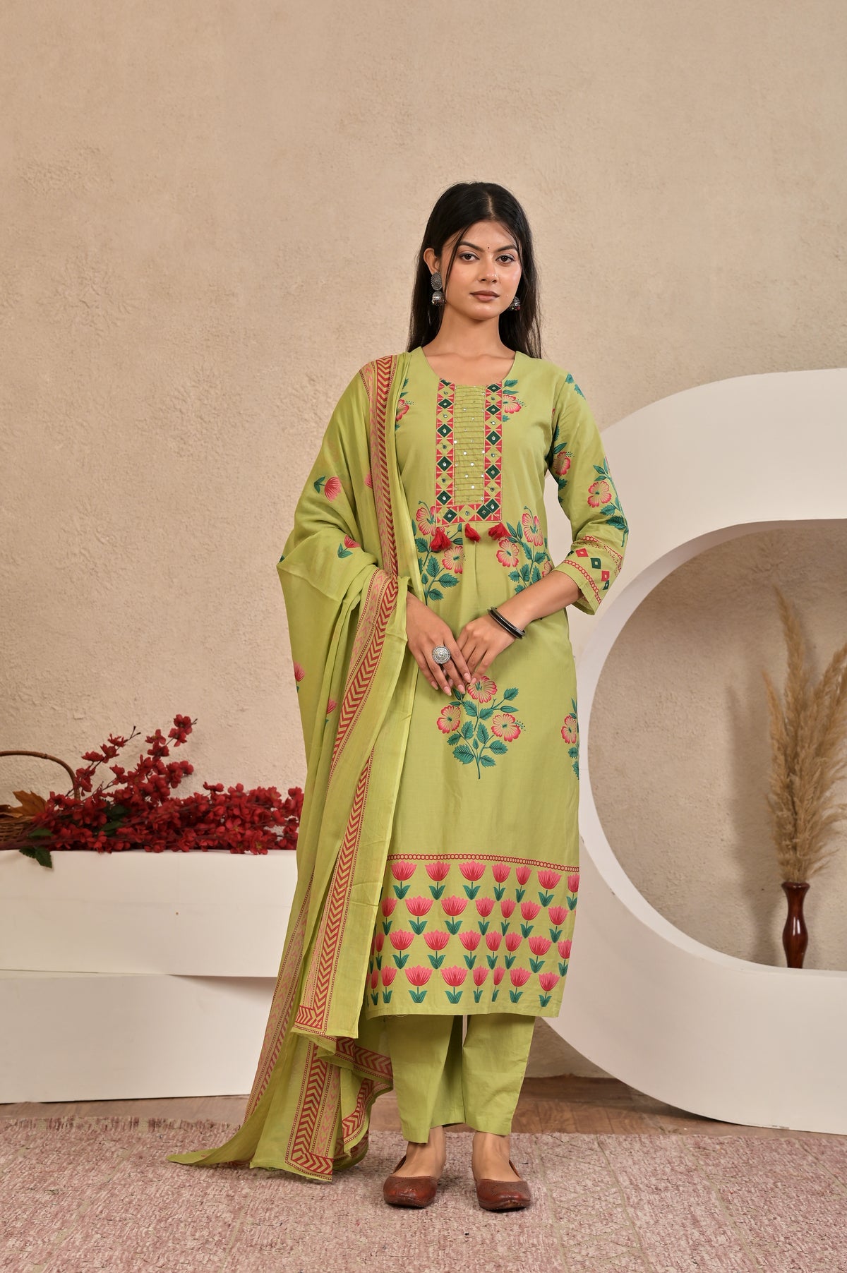 Women’s Panel Printed Kurta Set with Pin Tucks, Handwork & Tassels