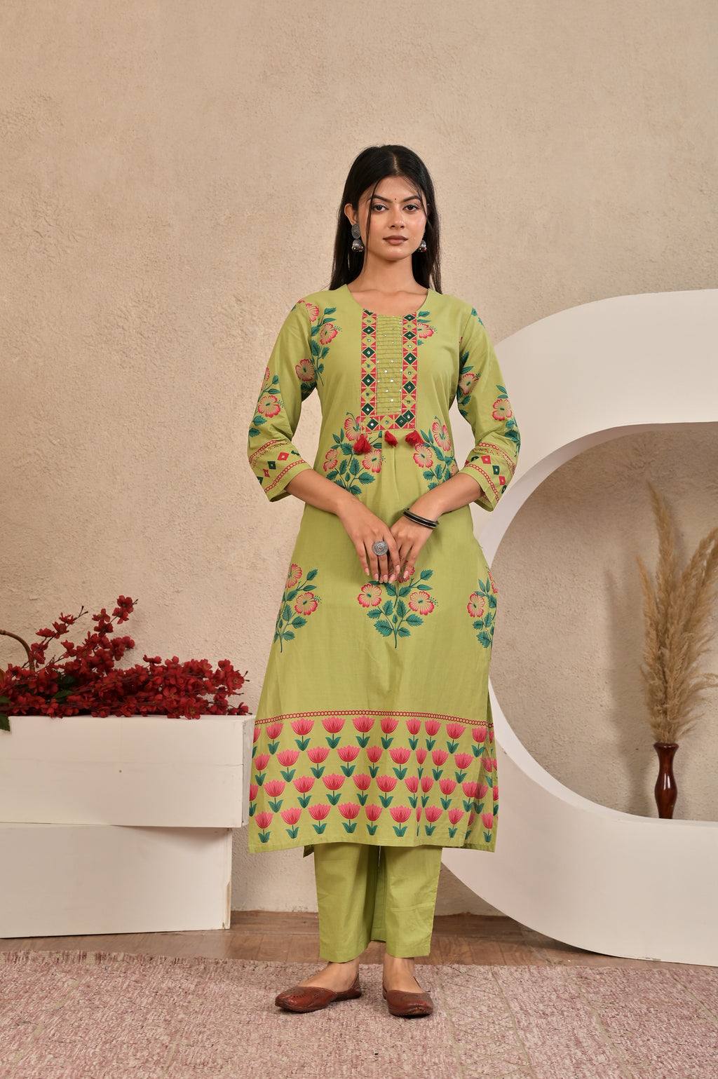 Women’s Panel Printed Kurta Set with Pin Tucks, Handwork & Tassels