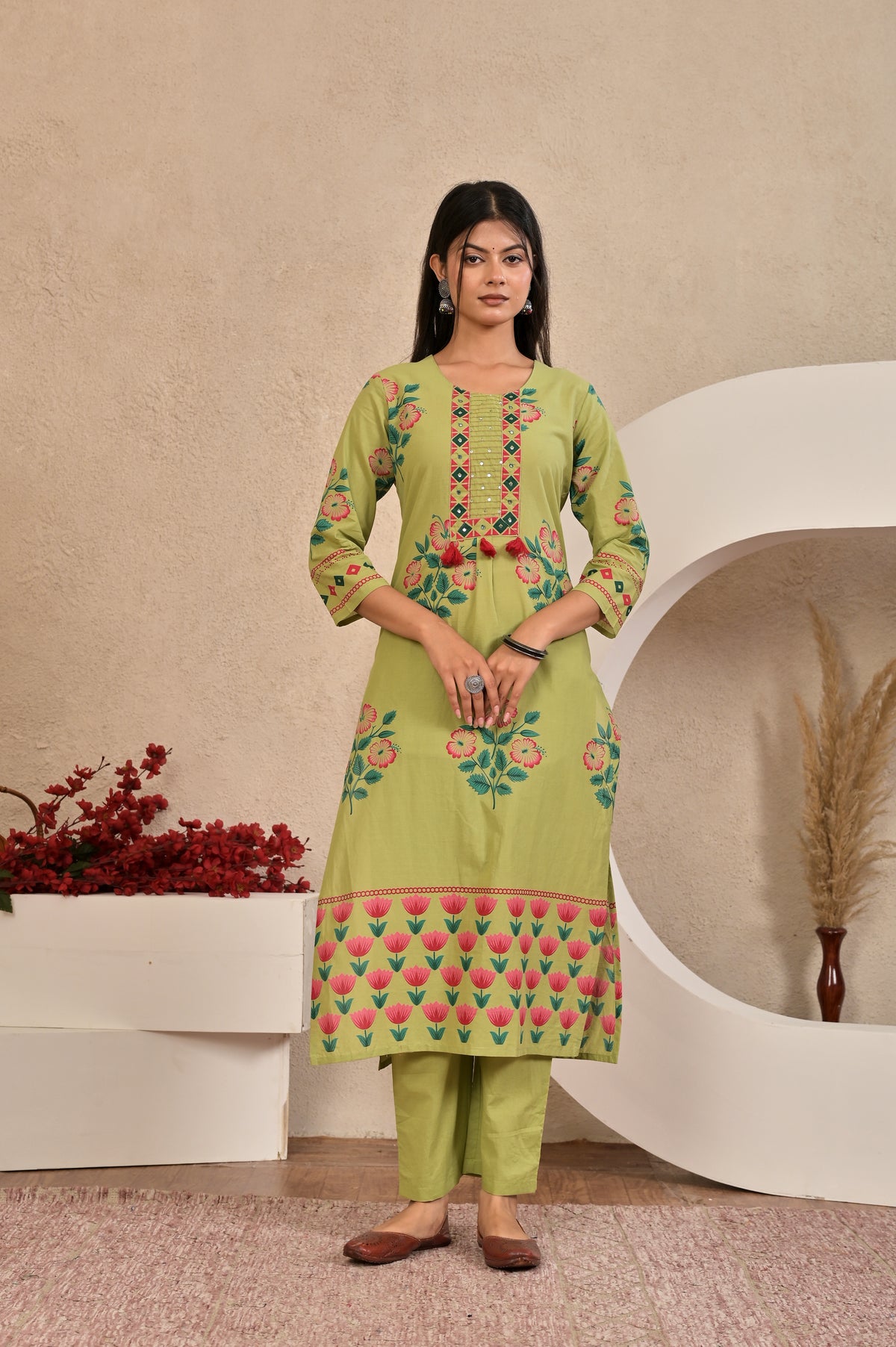 Women’s Panel Printed Kurta Set with Pin Tucks, Handwork & Tassels