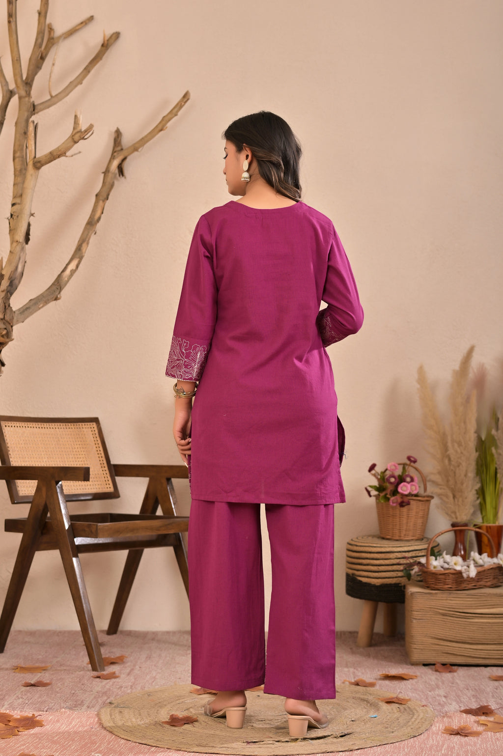 Embroidered Cotton Flex Co-ord Set with Handwork & V-Neck