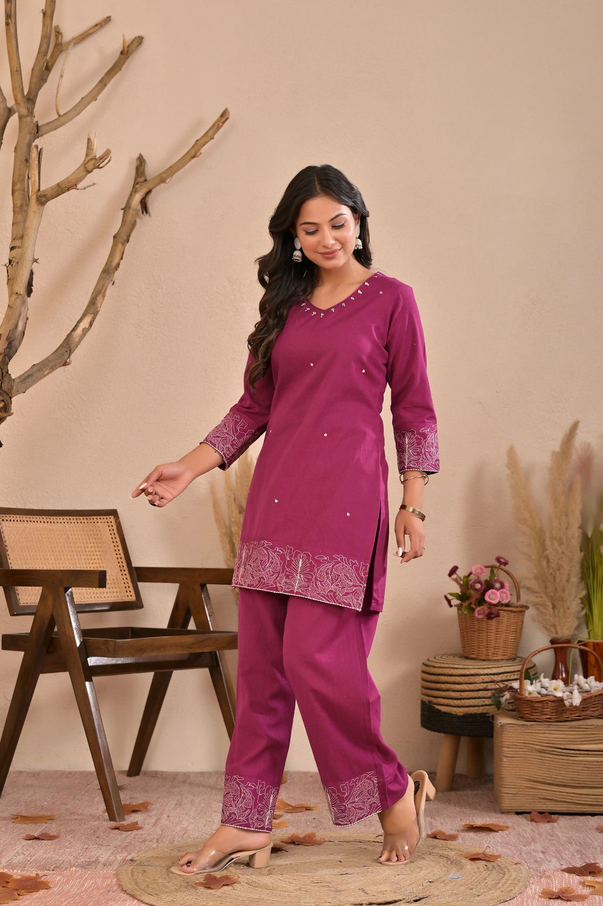 Embroidered Cotton Flex Co-ord Set with Handwork & V-Neck