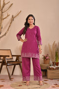 Embroidered Cotton Flex Co-ord Set with Handwork & V-Neck