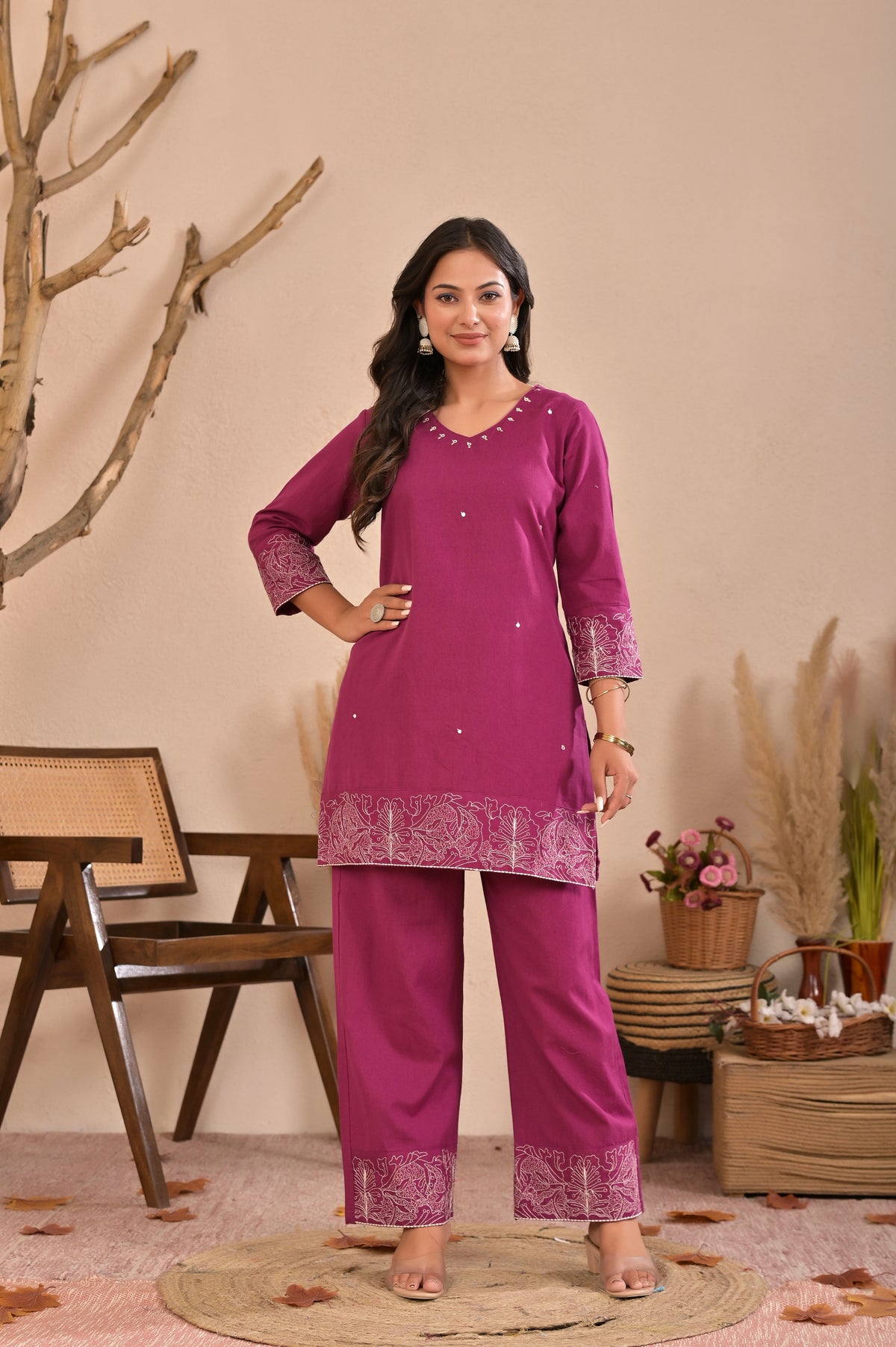 Embroidered Cotton Flex Co-ord Set with Handwork & V-Neck