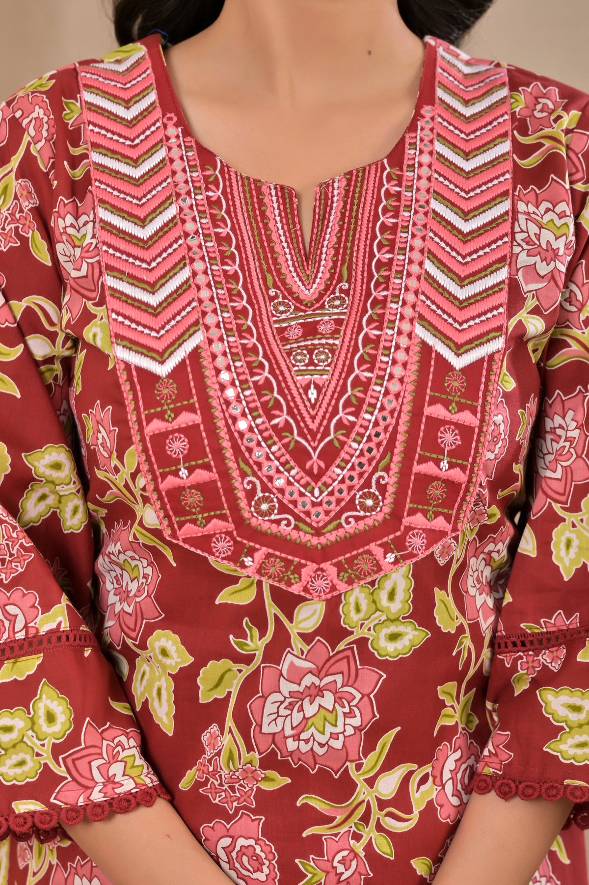 Women’s Floral Print A-Line Kurta Pant Dupatta Set with Embroidered Yoke