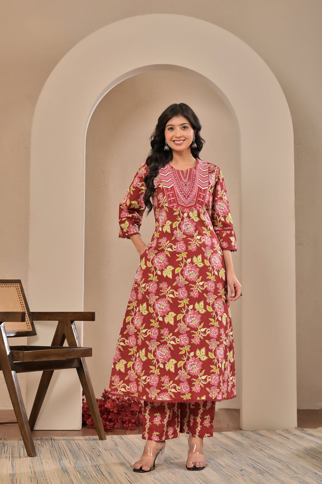 Women’s Floral Print A-Line Kurta Pant Dupatta Set with Embroidered Yoke